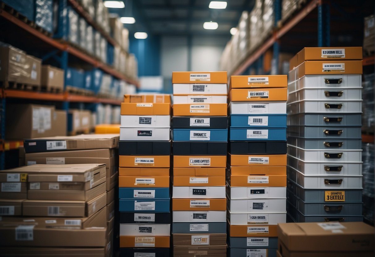 A stack of neatly organized storage boxes with promotional signs in a Singaporean warehouse