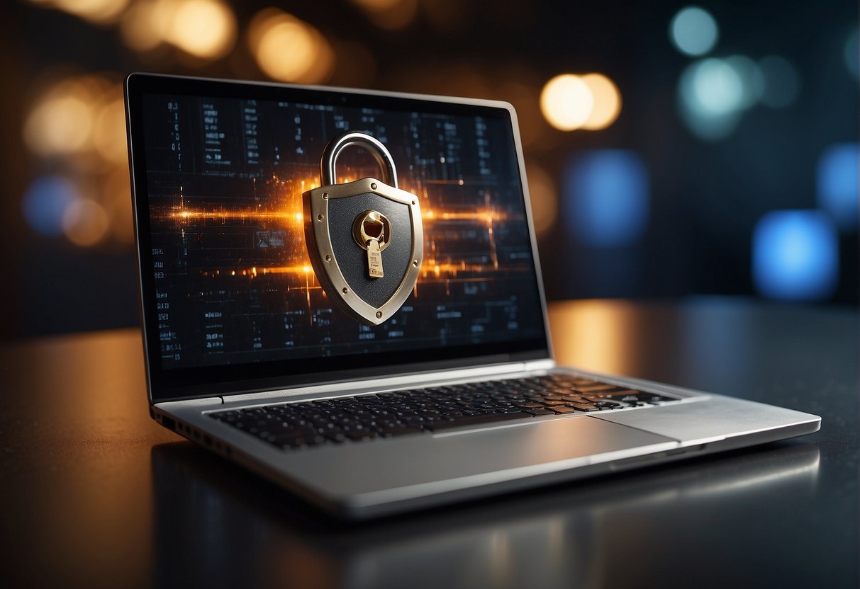 A laptop with a lock icon, shield, and padlock symbol surrounded by a firewall and encryption key