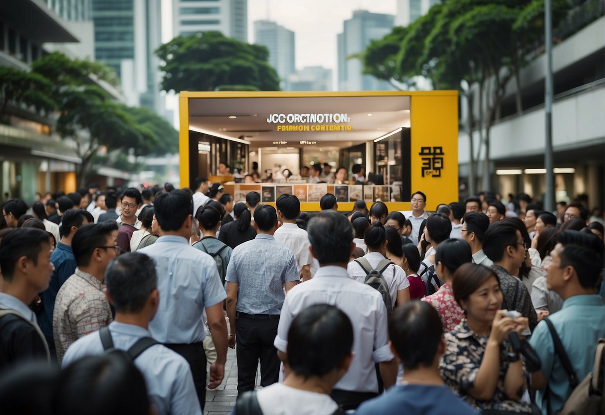 A crowded Singapore street with a prominent sign for "JCO Promotion" and a group of people gathered around, looking at a display