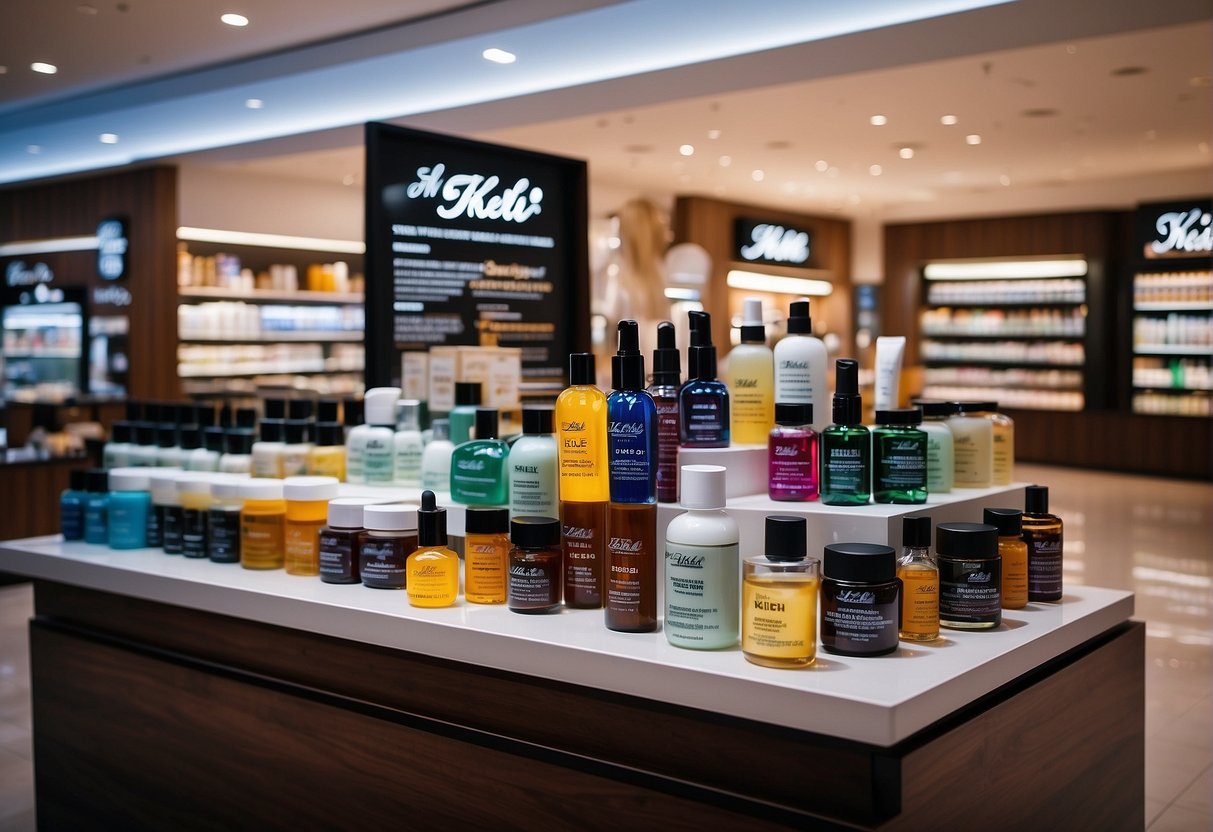 A table displays Kiehl's skincare products with promotional signs in a busy Singapore shopping mall