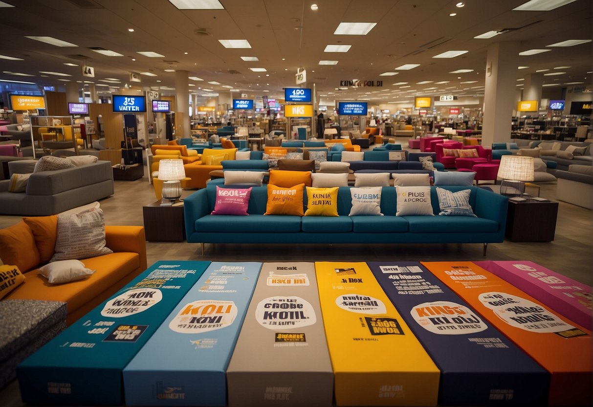 A crowded furniture store with prominent "King Koil" signage, showcasing various promotions and discounts. Brightly colored price tags and banners adorn the displays