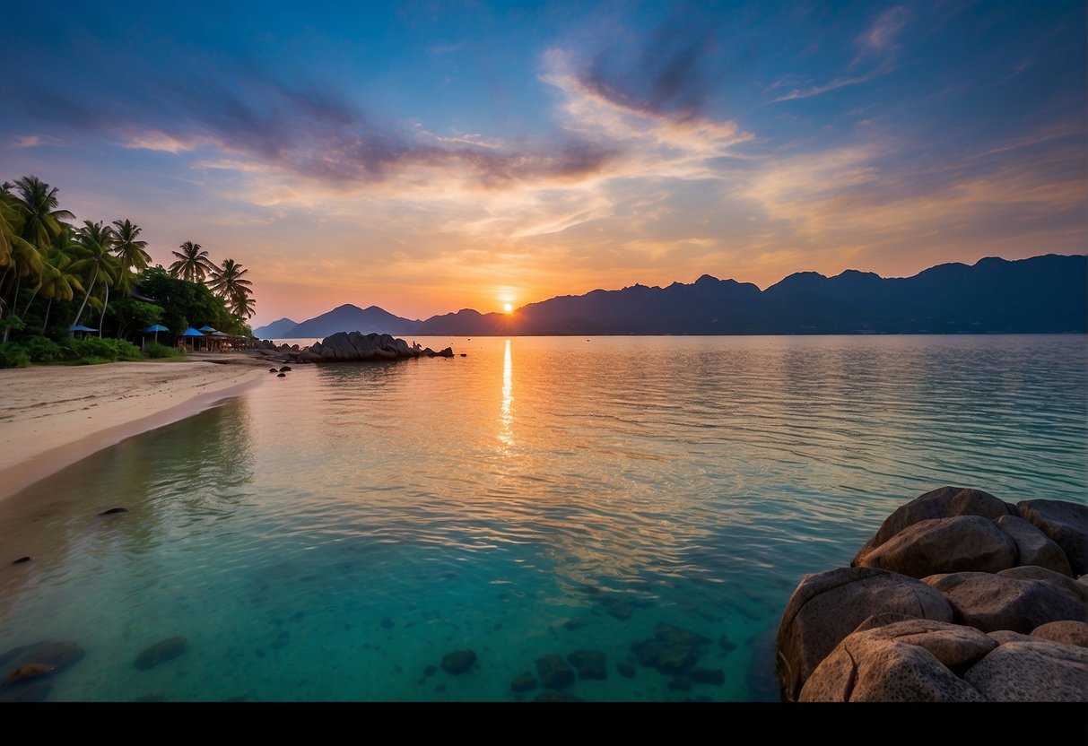 Vibrant beachfront with palm trees, clear blue waters, and a colorful sunset over Koh Samui, with promotional banners from Singapore visible in the background