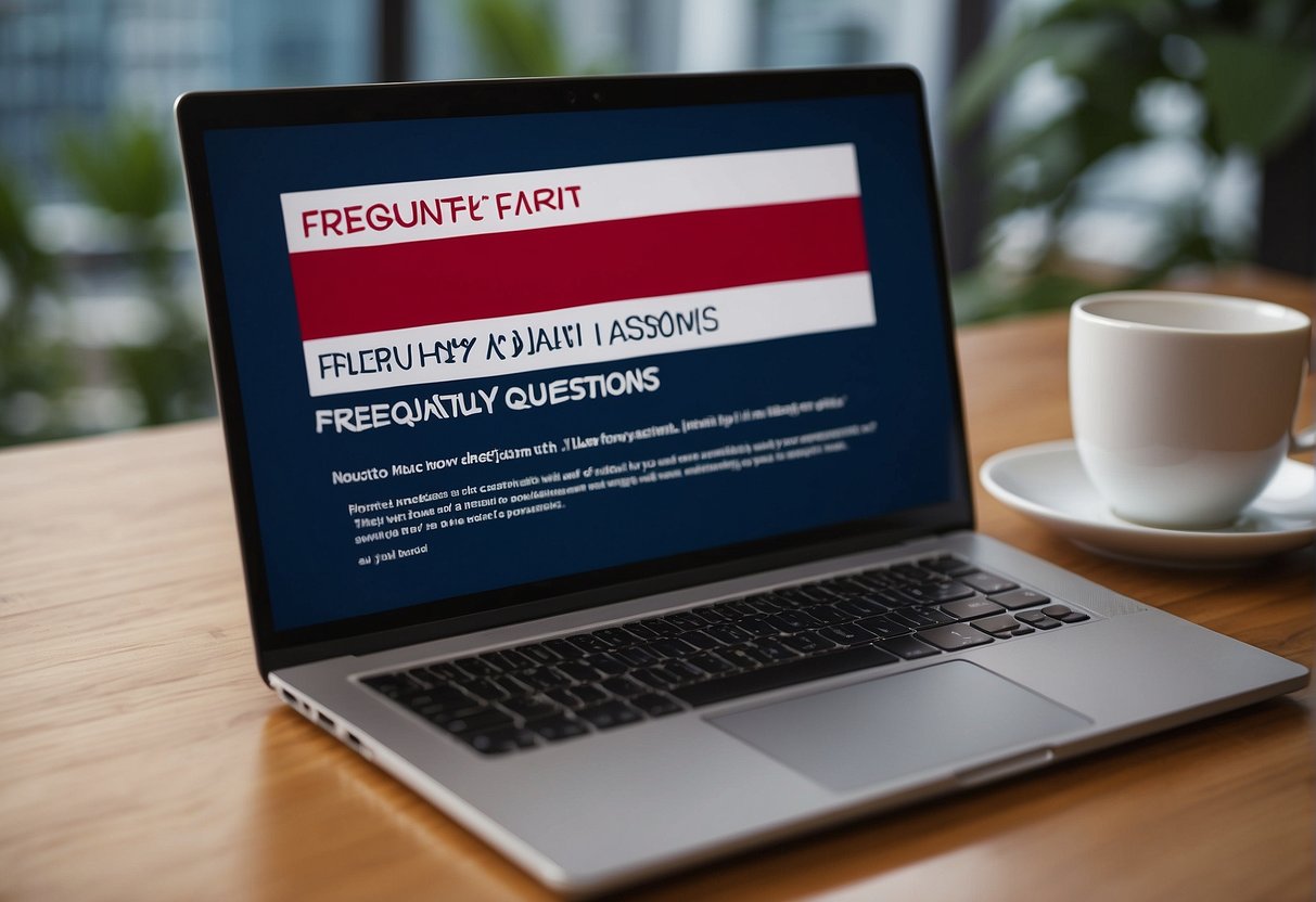 A laptop displaying "Frequently Asked Questions" on the Farfetch promotions page, with the Singapore flag in the background