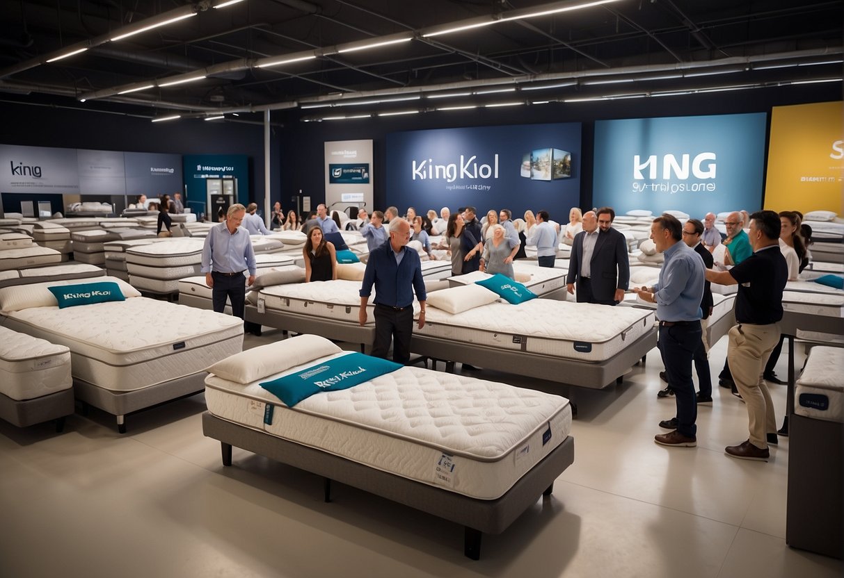 A crowded showroom with a prominent display of King Koil mattresses, surrounded by promotional banners and enthusiastic customers