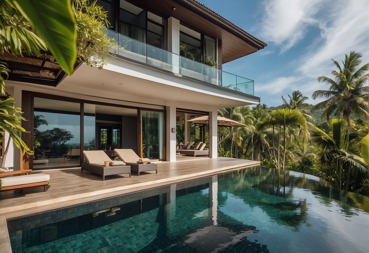 A luxurious villa with a private pool, surrounded by lush tropical gardens and overlooking the crystal-clear waters of Koh Samui