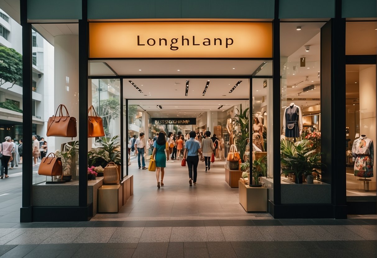 A bustling Singapore street with vibrant Longchamp promotions displayed in shop windows, attracting shoppers with colorful bags and accessories