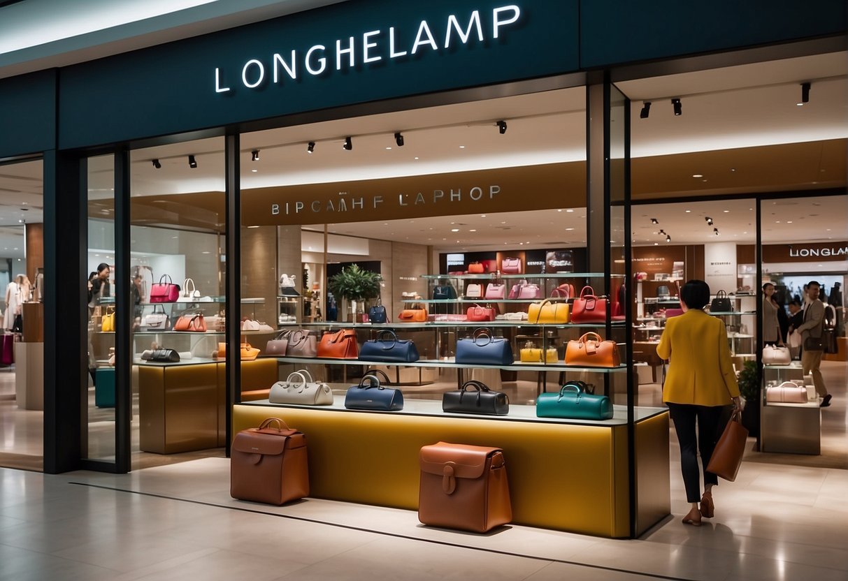 A vibrant display of Longchamp products with bold signage, surrounded by happy customers in a bustling Singapore mall