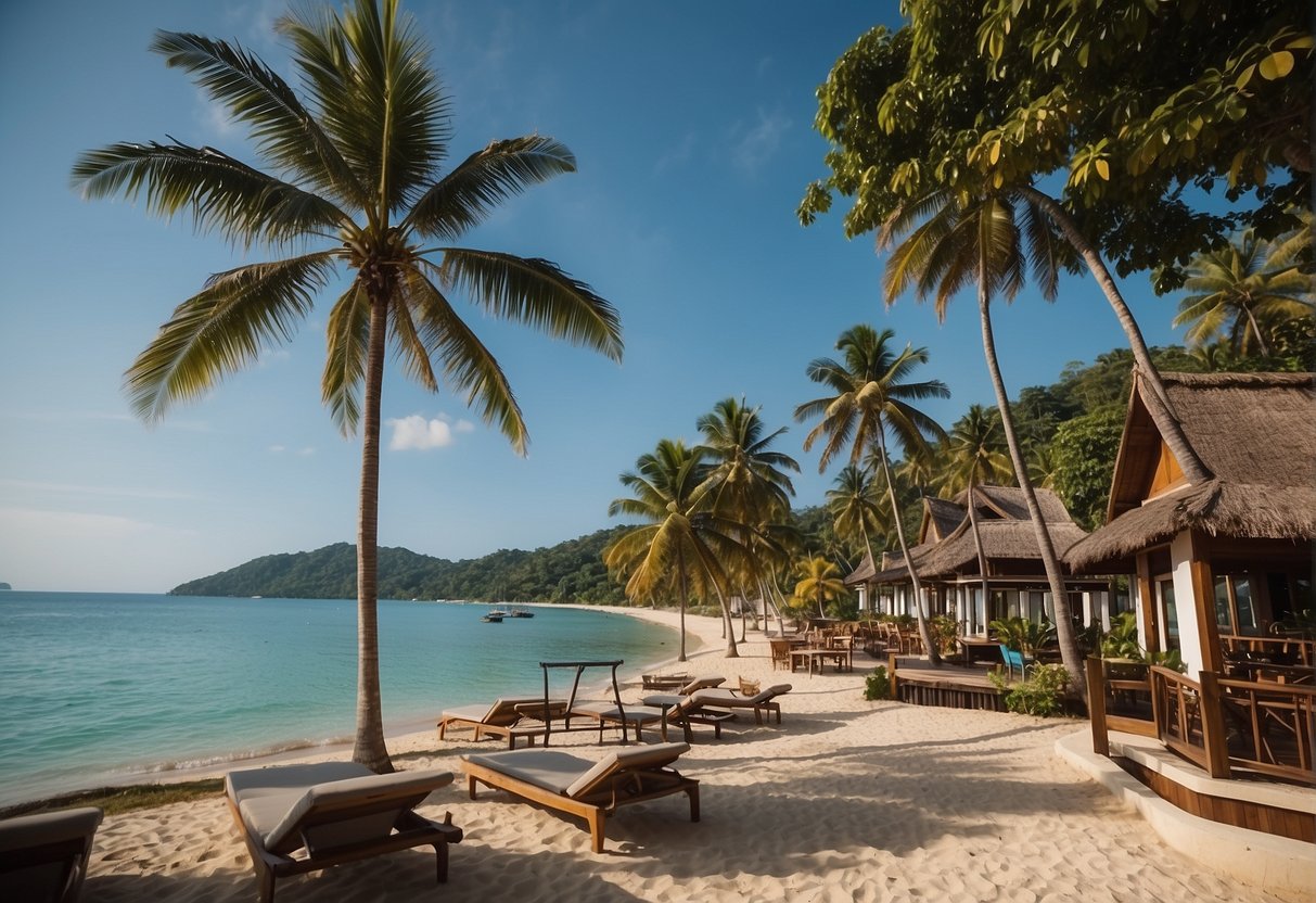A beachside resort with palm trees, a clear blue sky, and a sign advertising "Frequently Asked Questions koh samui promotions singapore."