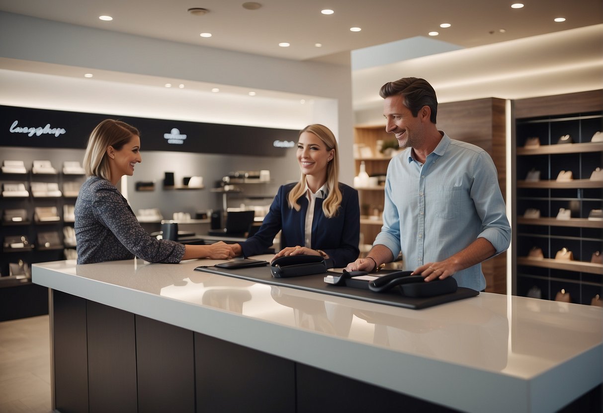 A customer service representative assists a smiling customer with a Longchamp promotion at a sleek and modern counter