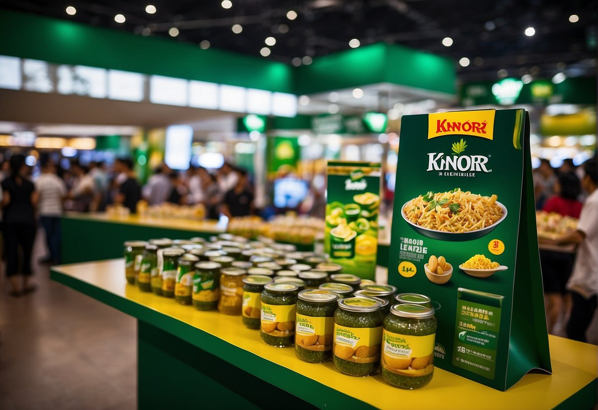 A table filled with Knorr product displays and promotional materials at a bustling event in Singapore