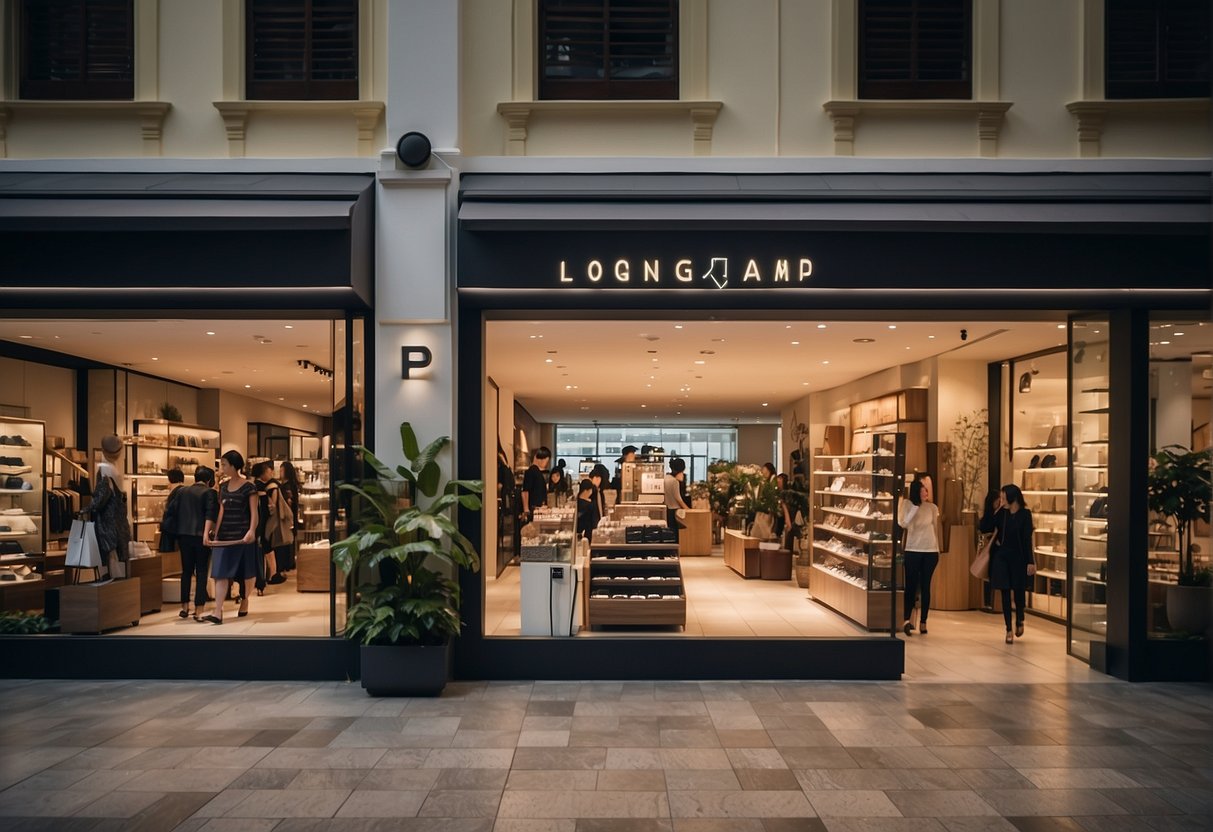 A busy storefront with a prominent "Frequently Asked Questions" sign and a display of Longchamp products, surrounded by bustling shoppers in Singapore