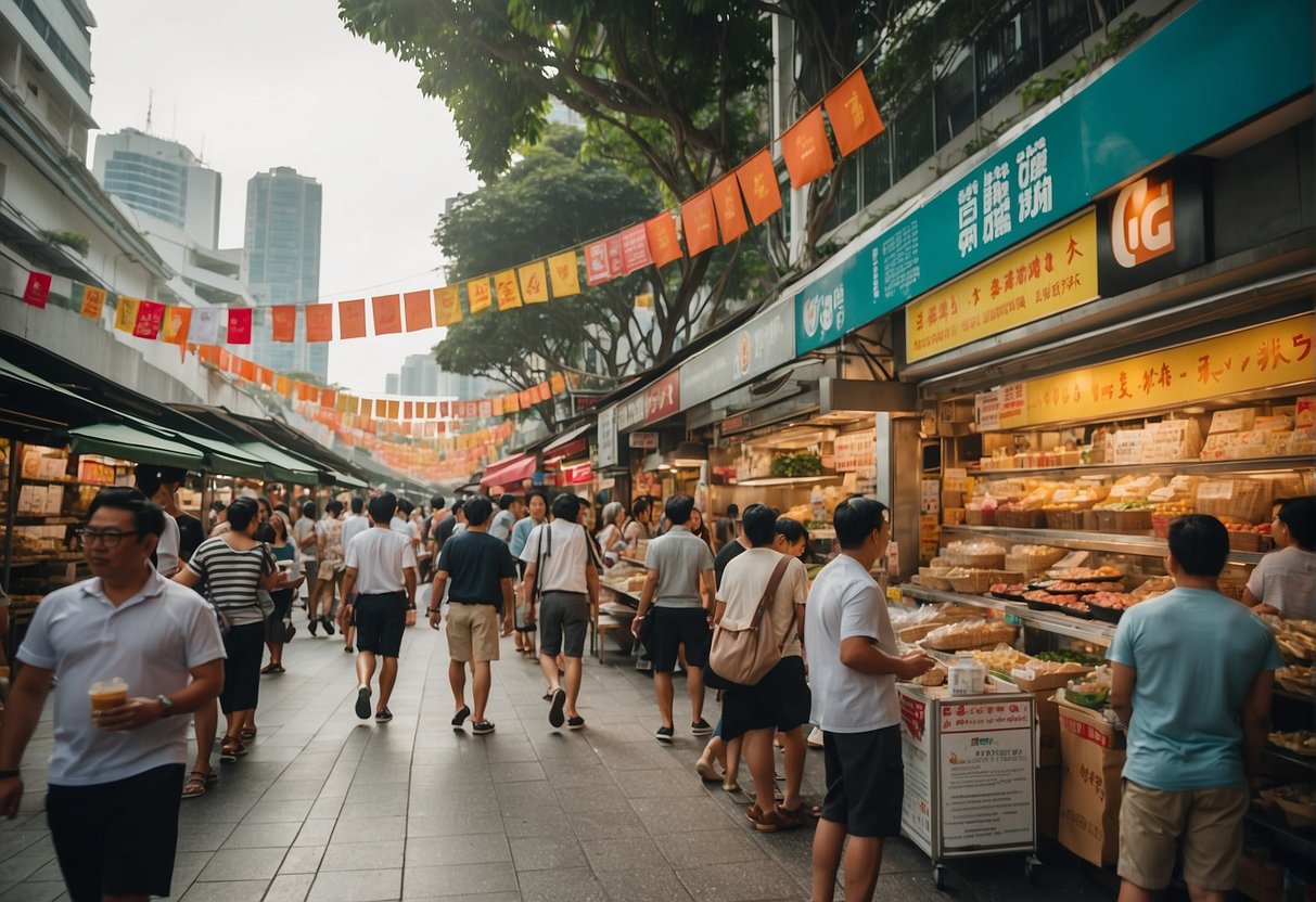 A bustling Singapore street with colorful banners and signs promoting La Gourmet products. Busy shoppers and a lively atmosphere