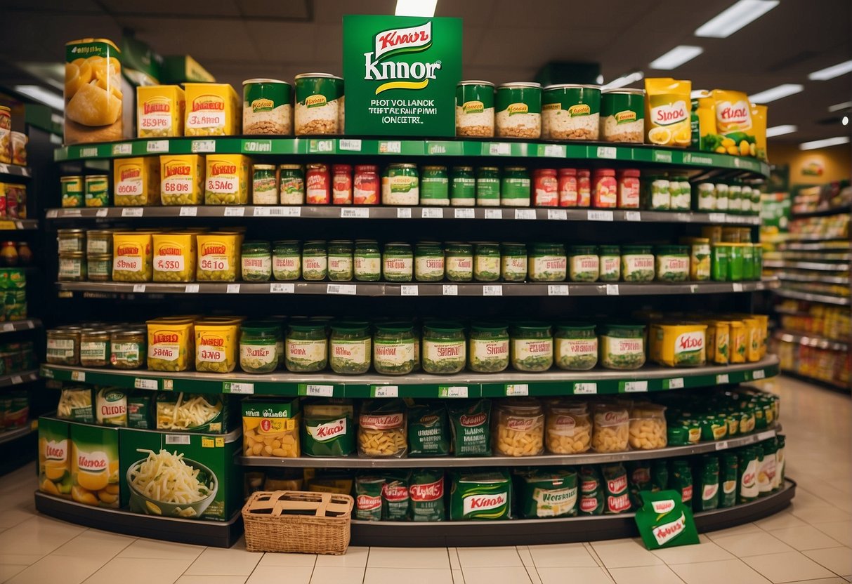 A colorful display of Knorr products with promotional signs in a Singapore grocery store