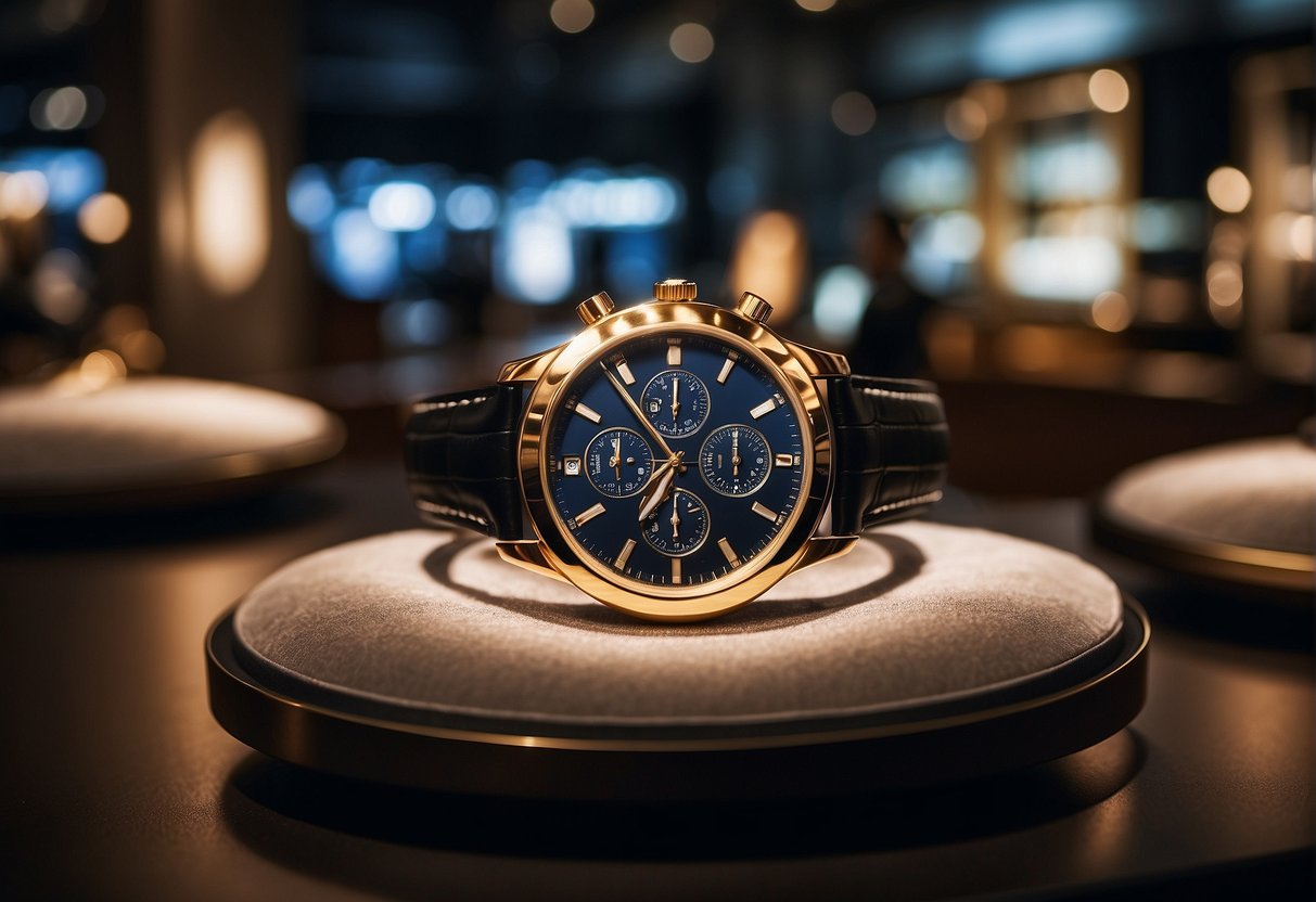 A display of luxury watches gleaming under spotlights, with promotional signs and banners in the background at Watches of Switzerland in Singapore
