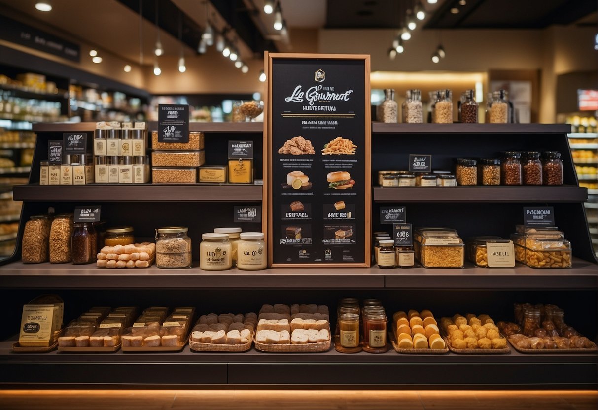 A display of la gourmet products with promotional signage in a Singaporean retail store