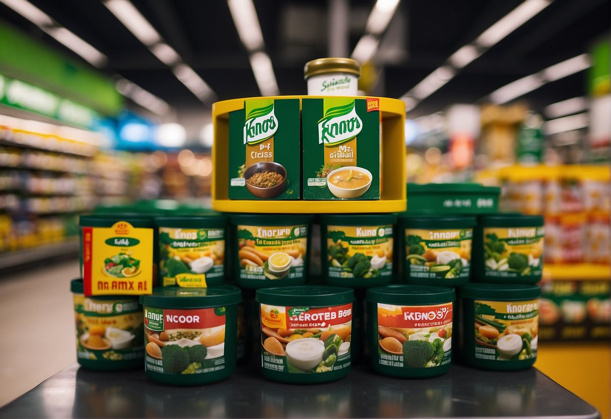 A colorful display of Knorr products with promotional signage in a bustling Singapore grocery store
