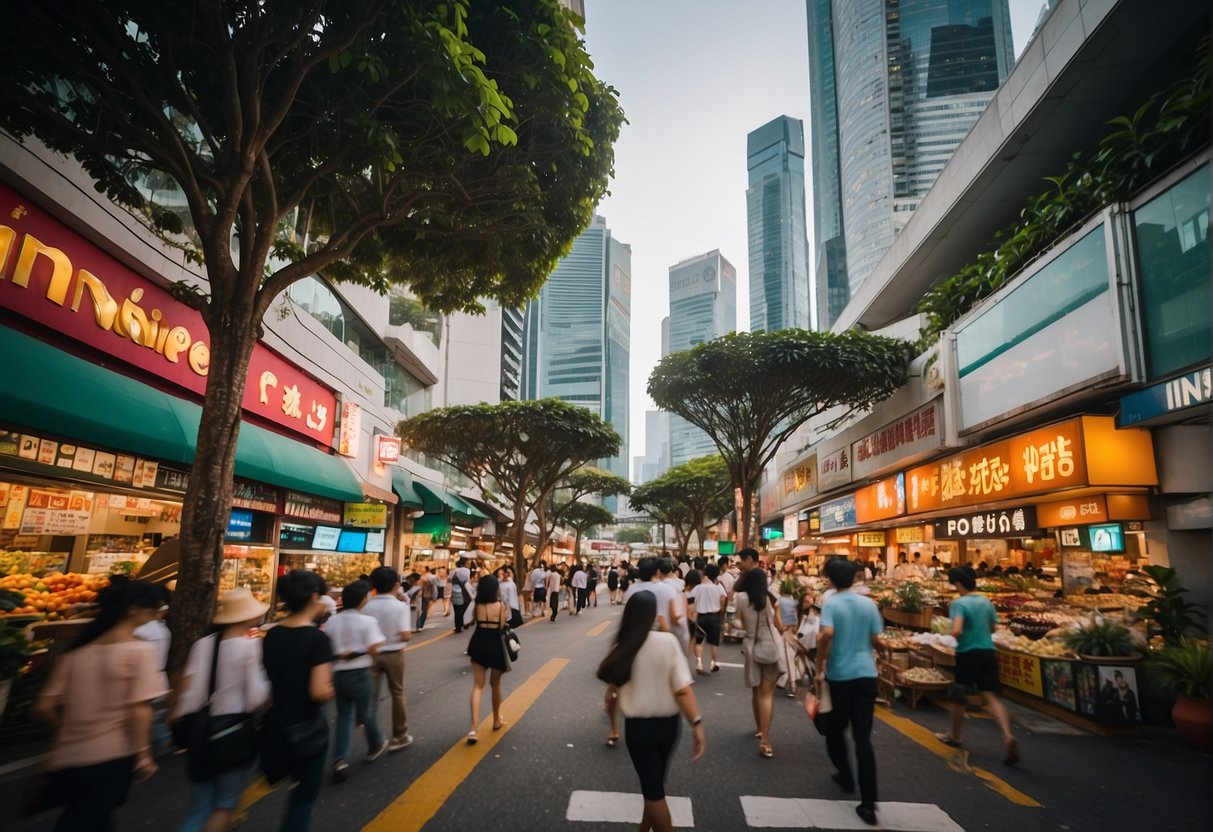 A bustling street in Singapore, with a prominent sign for Innisfree promotions. Bright colors and lively energy fill the scene