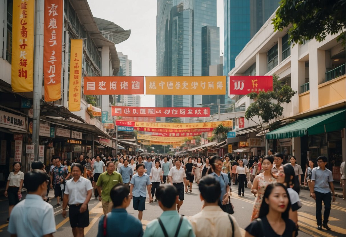 A bustling street in Singapore with colorful banners and signs promoting LBC. Busy pedestrians and vibrant storefronts fill the scene