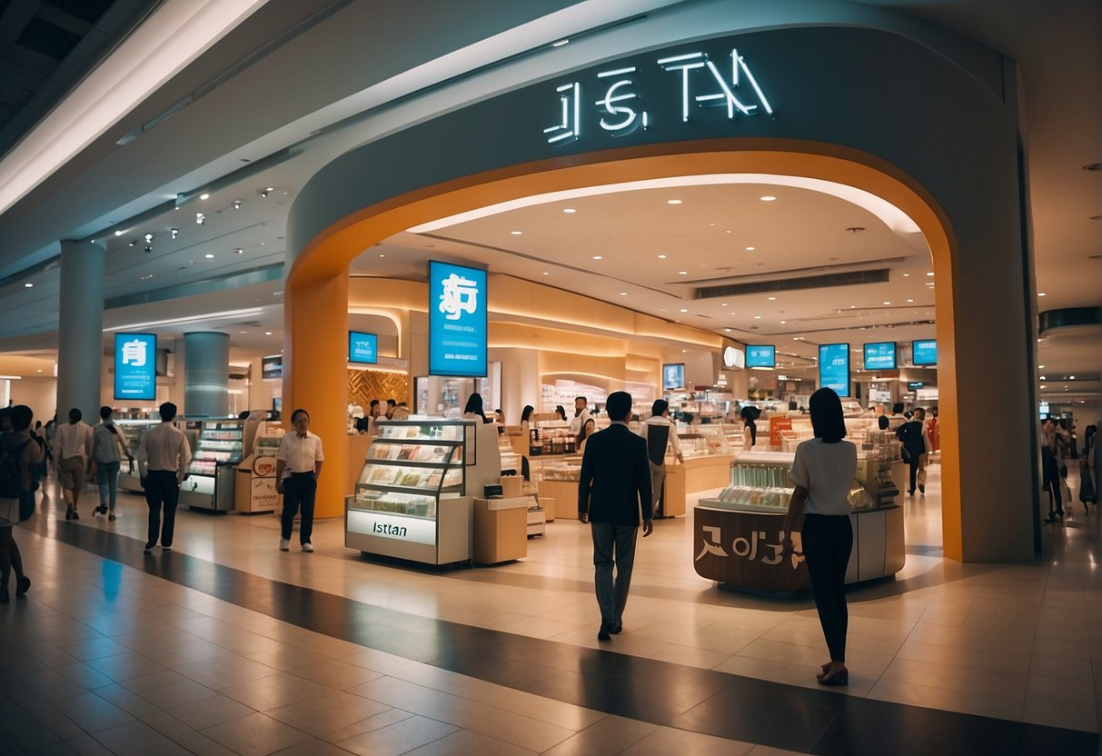 Brightly lit Isetan store in Singapore with colorful promotional displays and signage, bustling with shoppers and staff