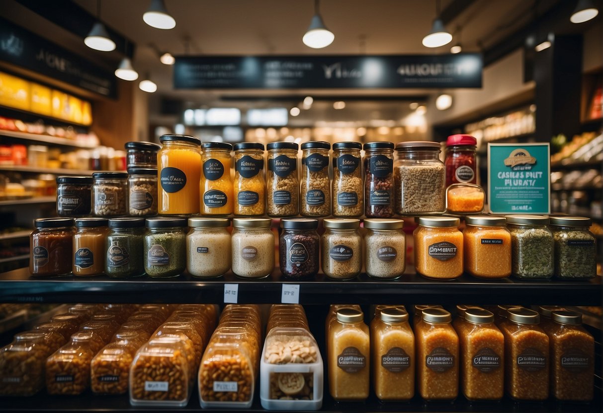 A colorful display of la gourmet products with promotional signs in a bustling Singapore store