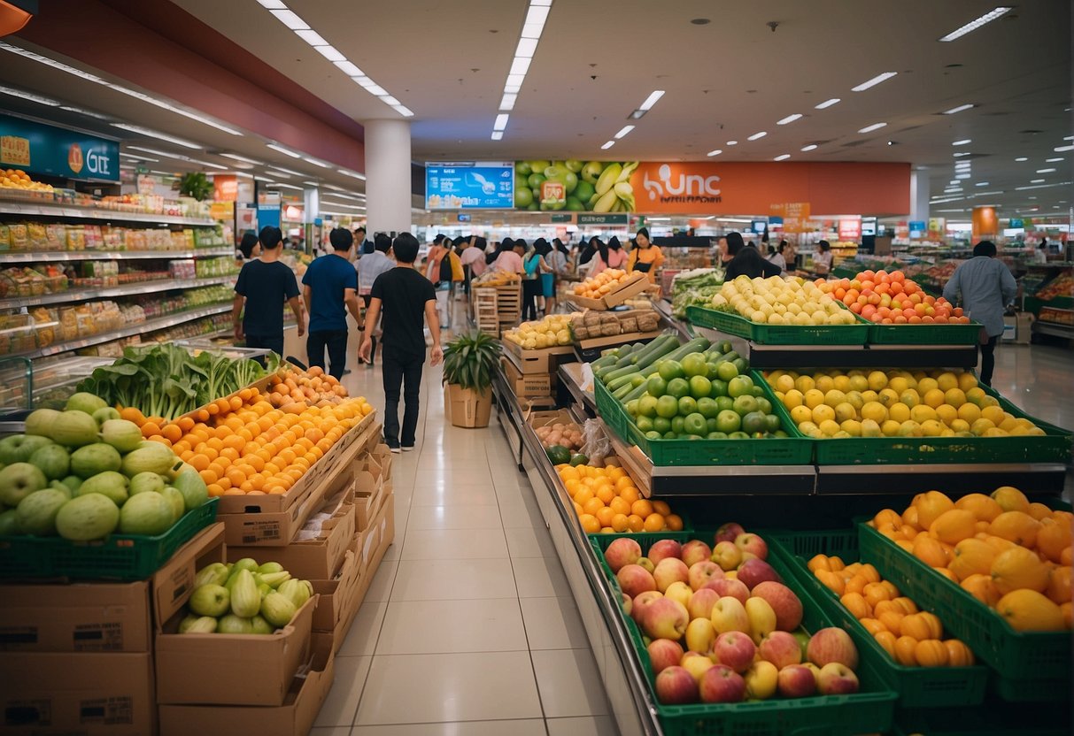 A bustling NTUC store with colorful promotions displayed. Shoppers browse aisles filled with fresh produce and discounted items. The atmosphere is vibrant and lively