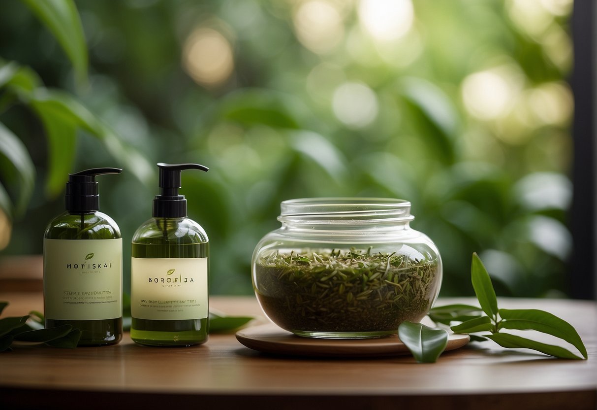 A serene spa setting with a green tea skincare display, surrounded by lush foliage and calming natural elements