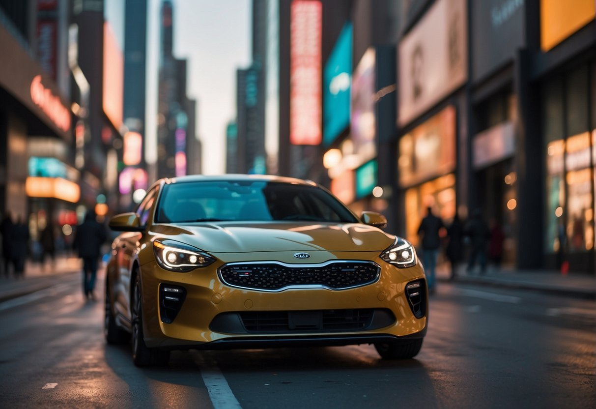 A bustling city street adorned with Kia promotional banners and colorful displays