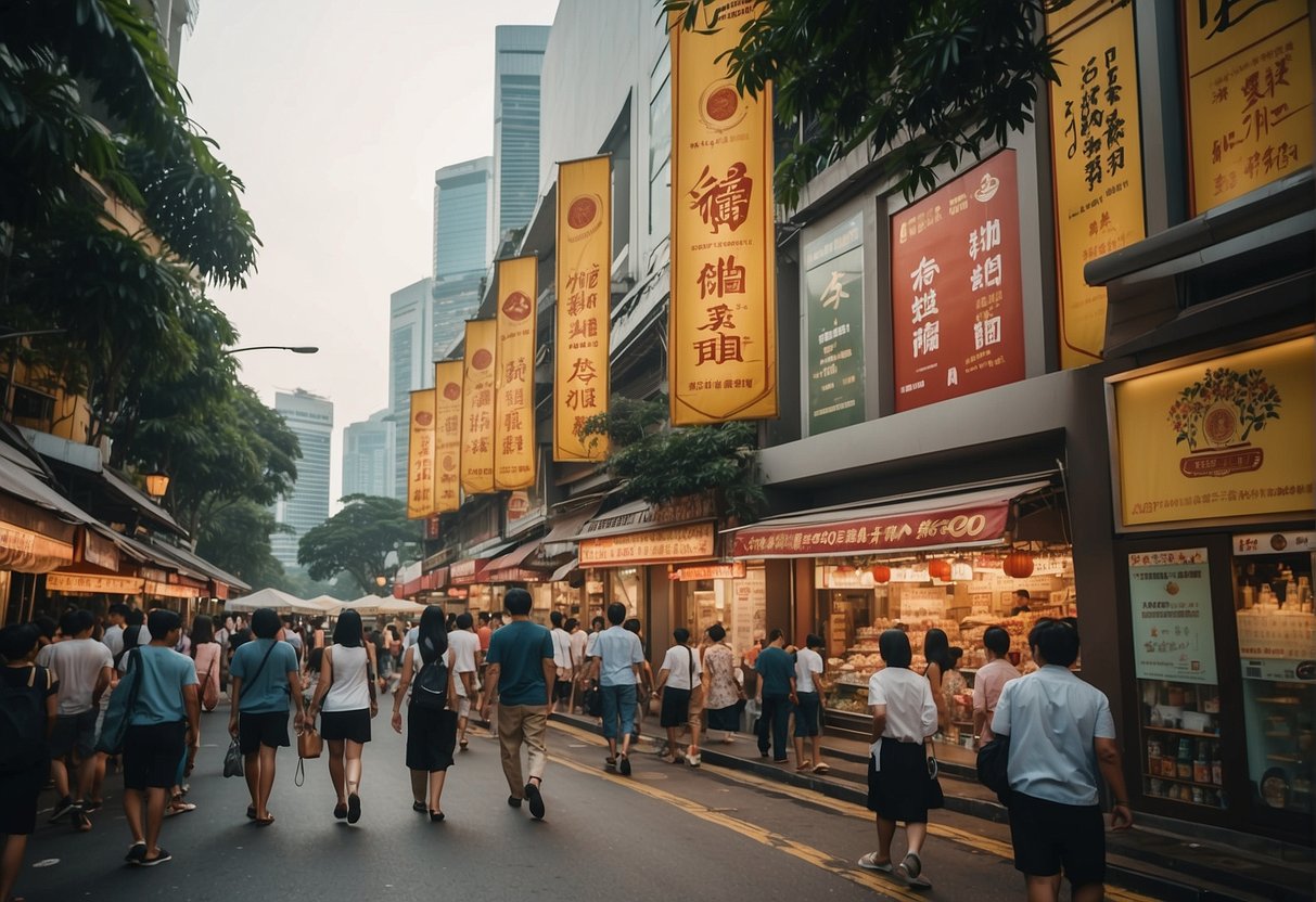 A bustling street in Singapore adorned with Lawry's promotional banners and signs, with people walking and browsing the various offerings