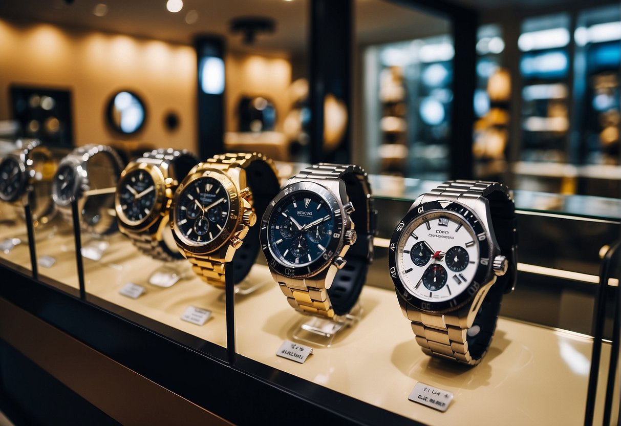 A display of luxury watches with promotional signage in a Singaporean store