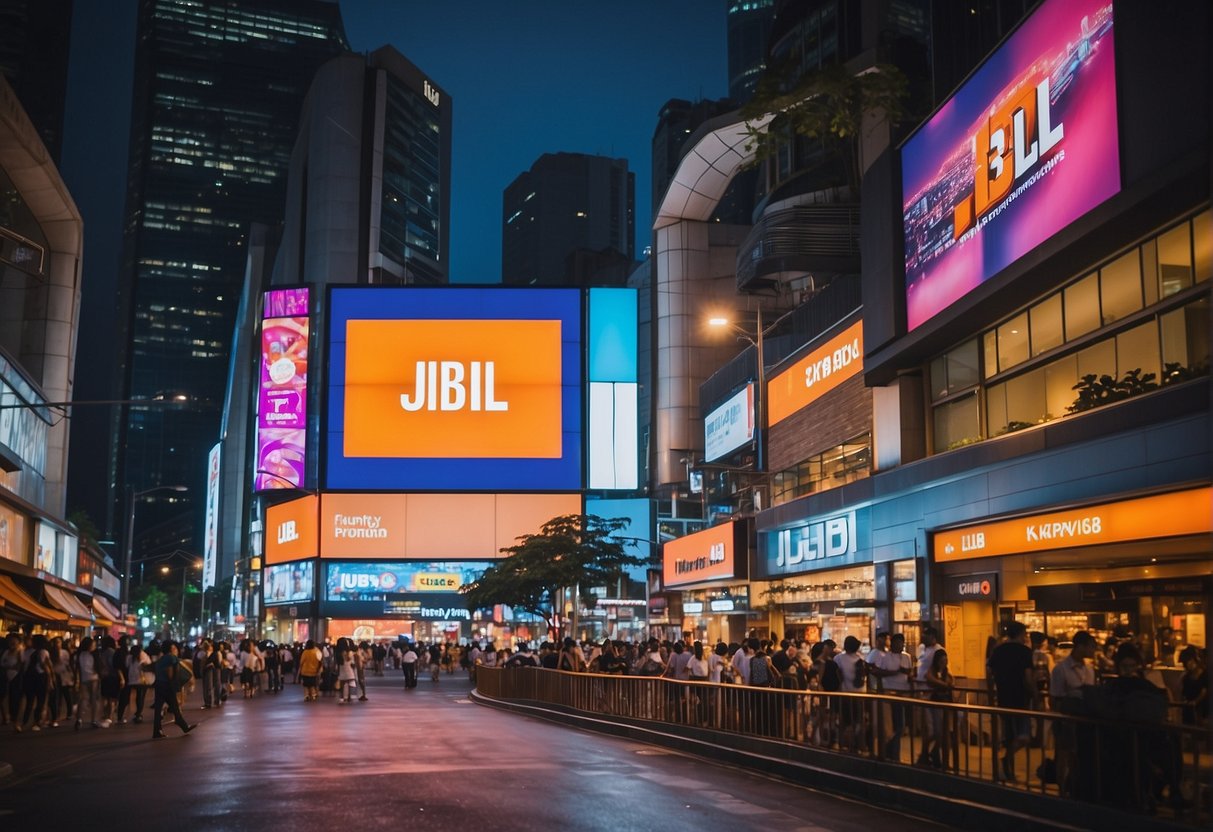 A bustling city street with bright lights and colorful advertisements, featuring the prominent JBL Promotions Singapore logo
