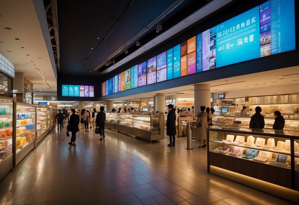 Brightly lit Isetan store with colorful promotional banners and displays. Shoppers browsing through discounted items