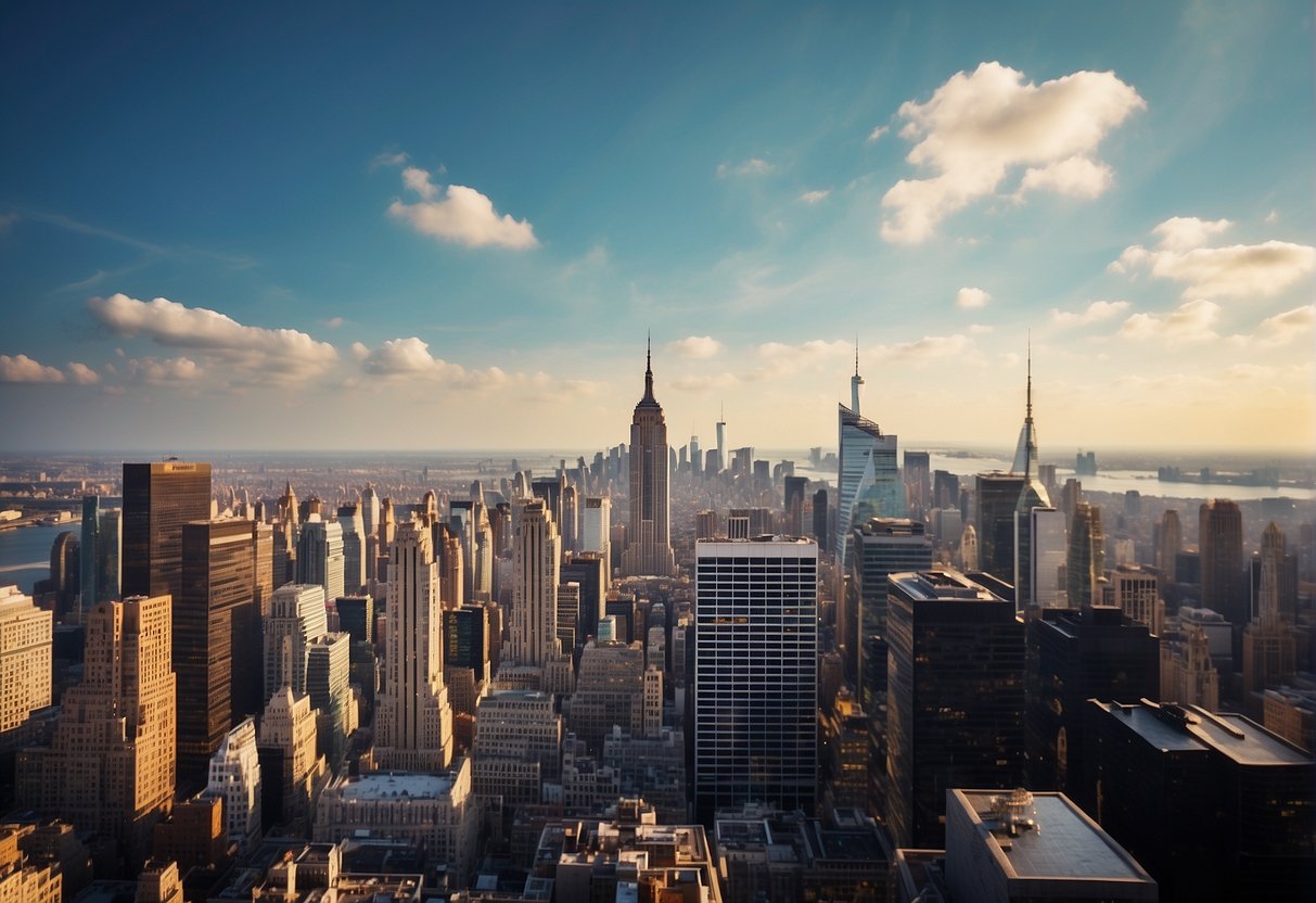 A vibrant city skyline with iconic landmarks and promotional banners displayed across the cityscape