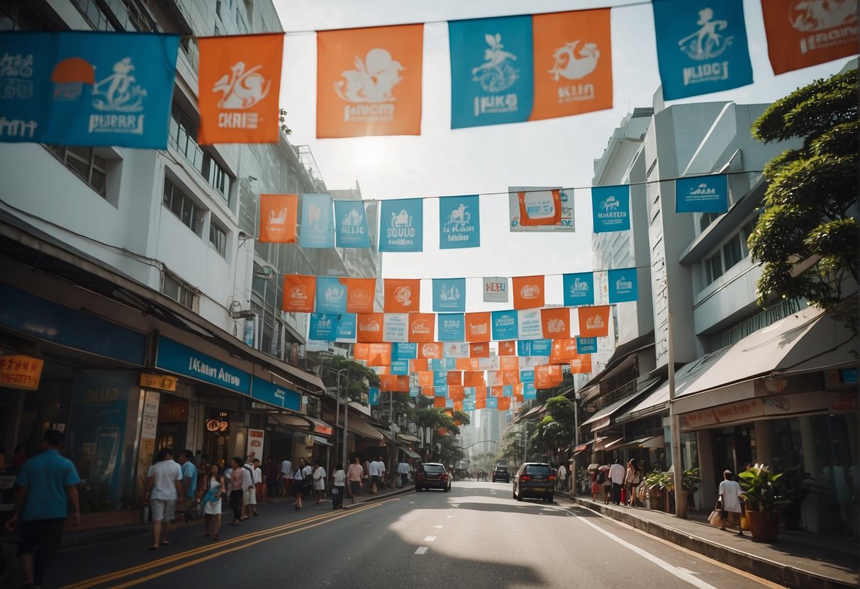 A bustling city street in Singapore, with colorful promotional banners for KLM Airlines hanging from the buildings