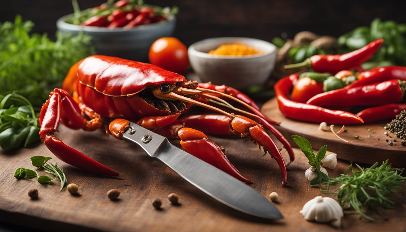 A large red chilli sits next to a freshly caught spanner crab, surrounded by a variety of herbs and spices on a wooden cutting board