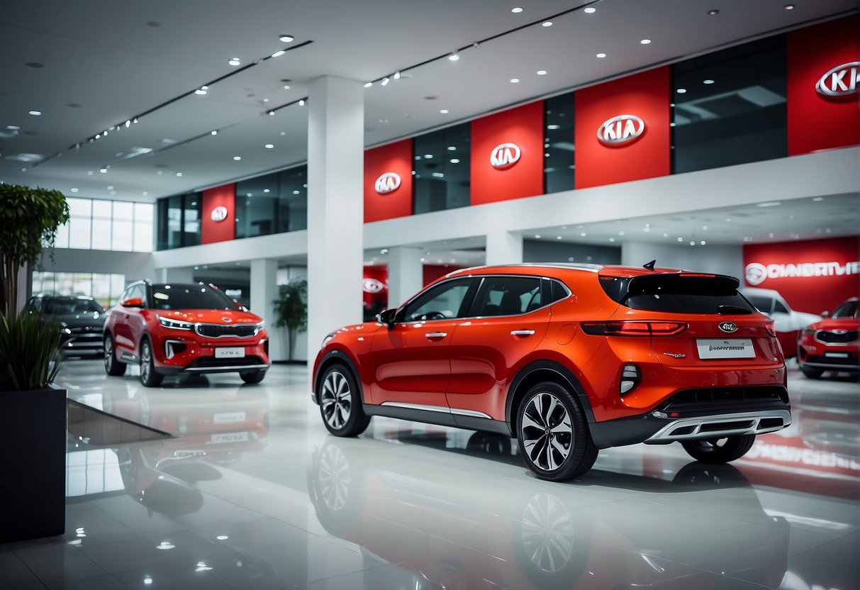 A bright, modern Kia showroom with eye-catching promotional banners and sleek cars on display. Excited customers chat with sales staff