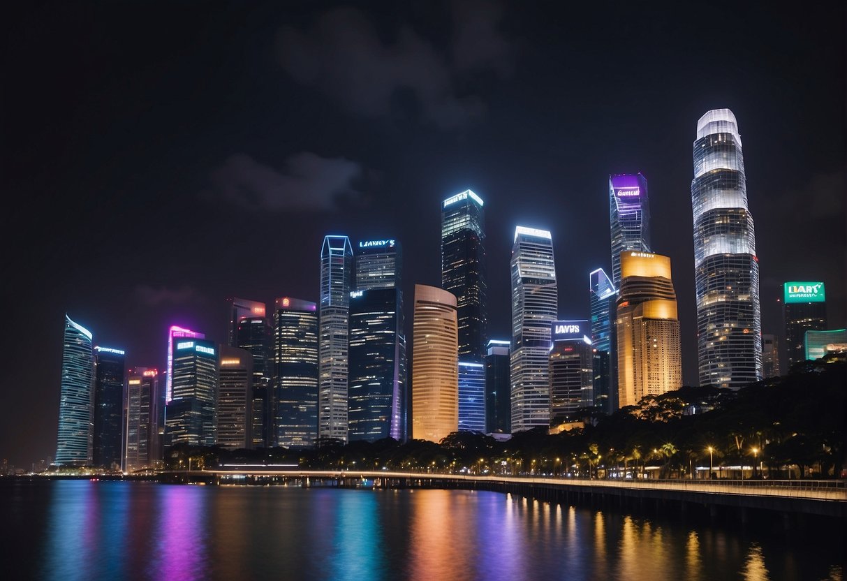 A vibrant city skyline with bright, flashing neon lights advertising "Discover Exciting Promotions at Lawry's" in Singapore