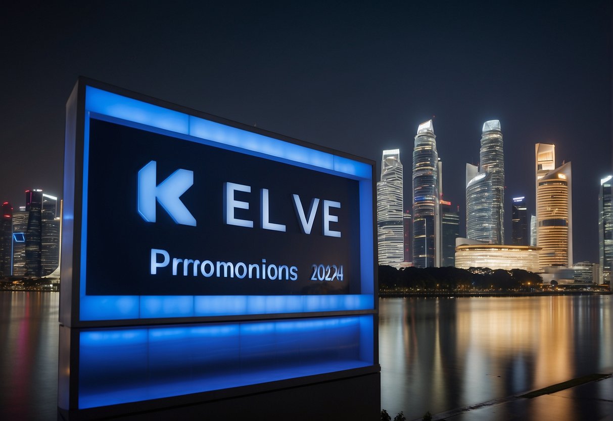 A grand, illuminated sign reading "Exclusive 2024 Promotions" stands tall against the backdrop of the Singapore skyline, with the iconic KLM logo prominently displayed