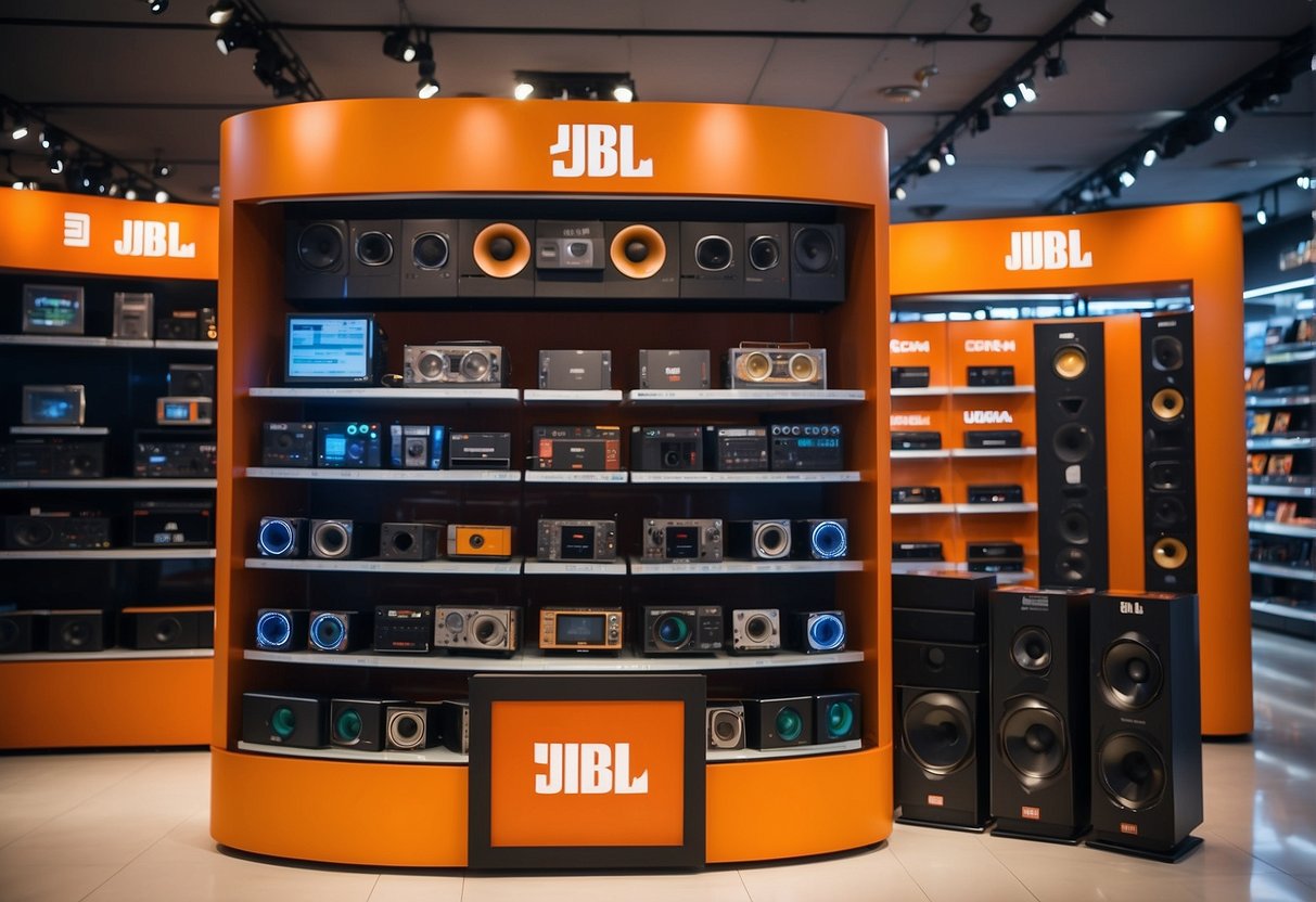 A display of JBL audio products with promotional signs in a Singaporean electronics store