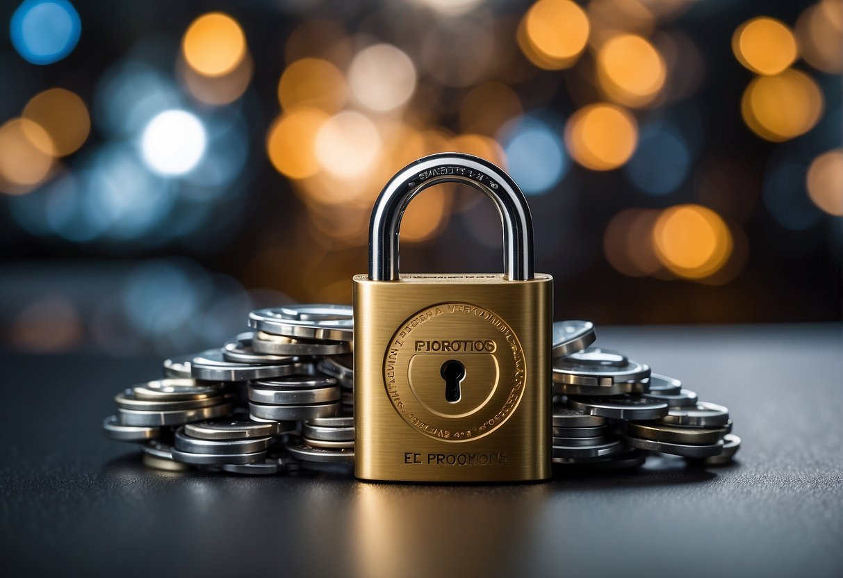 A locked padlock symbolizing security, surrounded by digital devices and a shield representing privacy, with the words "E-Promotions lbc promotions singapore" in the background