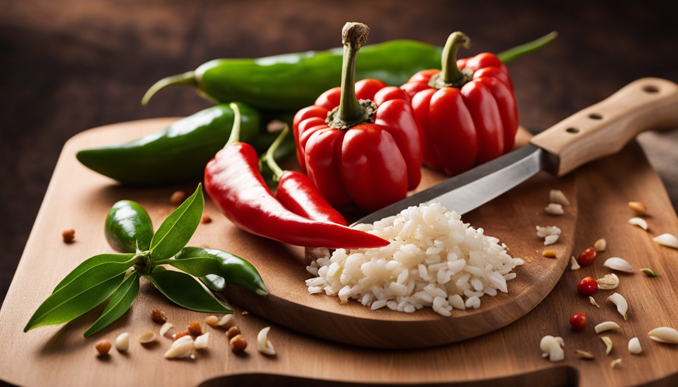 Fresh red chillies, garlic cloves, and spanner crab meat arranged on a clean cutting board. A sharp knife and mortar and pestle sit nearby