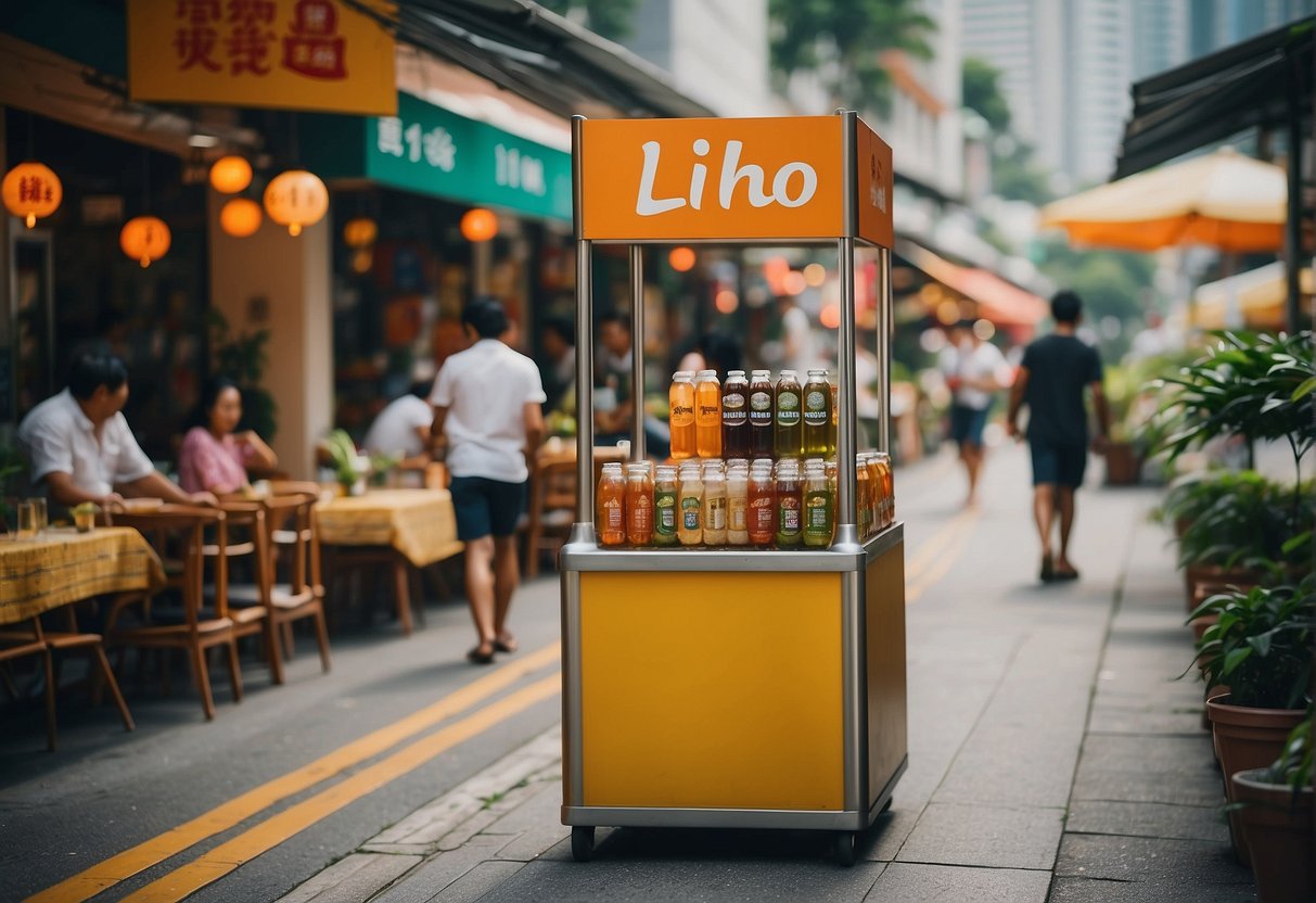 A vibrant street in Singapore with colorful banners and signs promoting Liho, a popular beverage brand