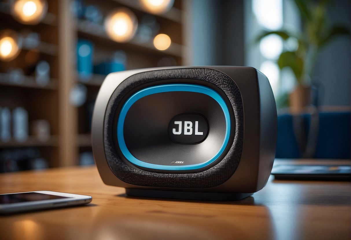 A sleek JBL speaker sits on a modern table, surrounded by vibrant promotional materials. The logo is prominently displayed, catching the eye of potential customers
