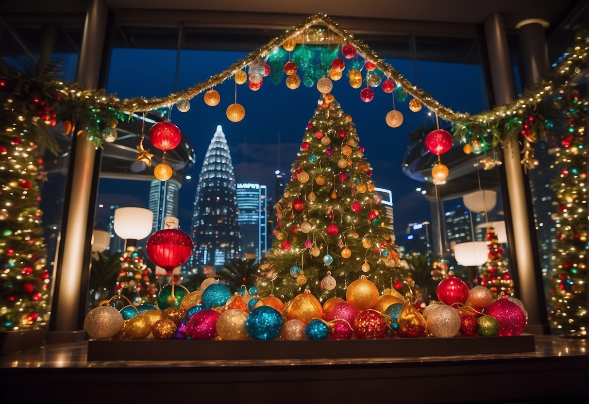 A colorful display of holiday decorations and promotional signs at Lawry's in Singapore