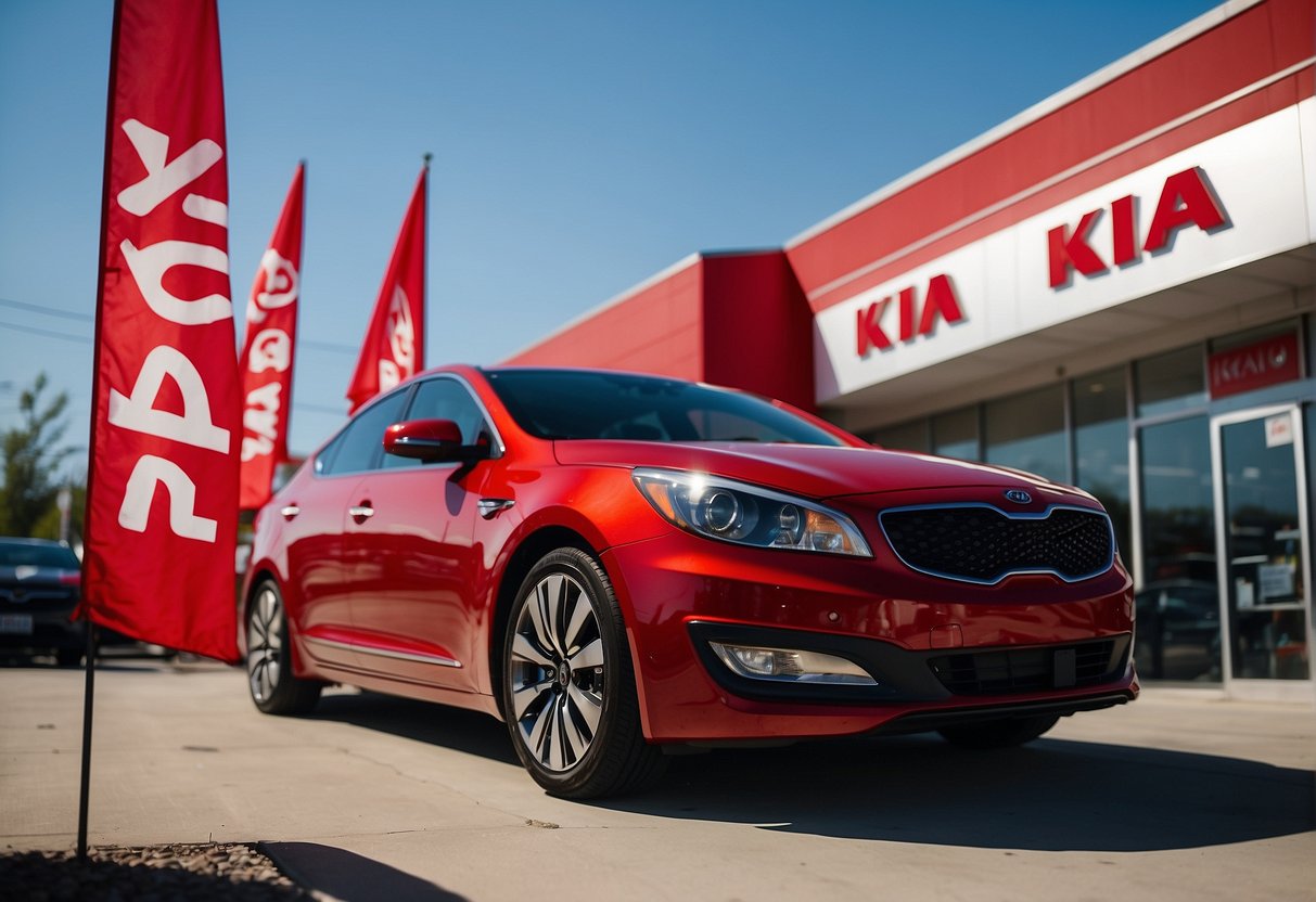 A shiny red Kia car sits in front of a Superior Kia Car Care dealership, with promotional banners and flags fluttering in the breeze