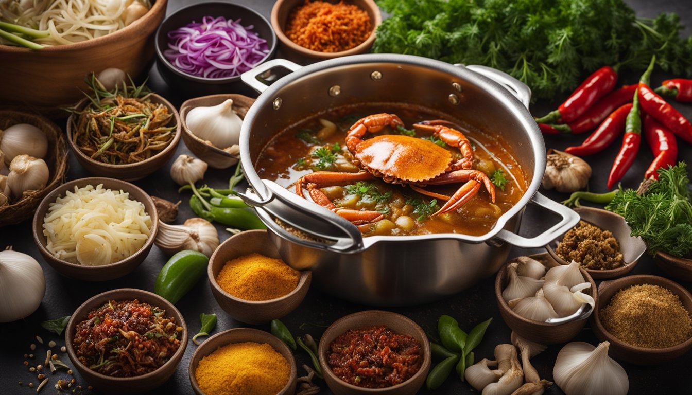 A pot sizzles with sautéed onions, garlic, and chilli. A whole spanner crab is being added to the mix, surrounded by a variety of colorful spices and herbs