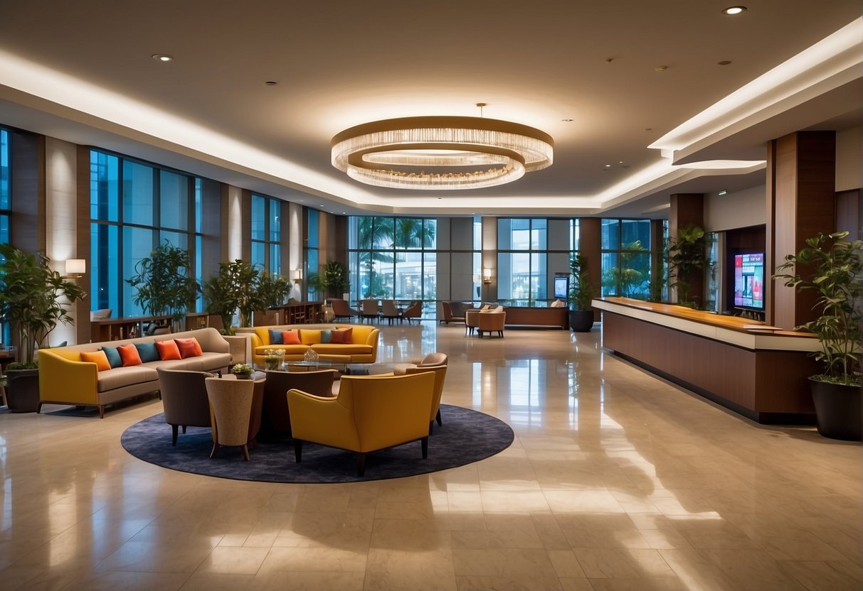 The lobby of Four Points by Sheraton Singapore features colorful promotional displays, including banners, signs, and digital screens showcasing special offers and packages