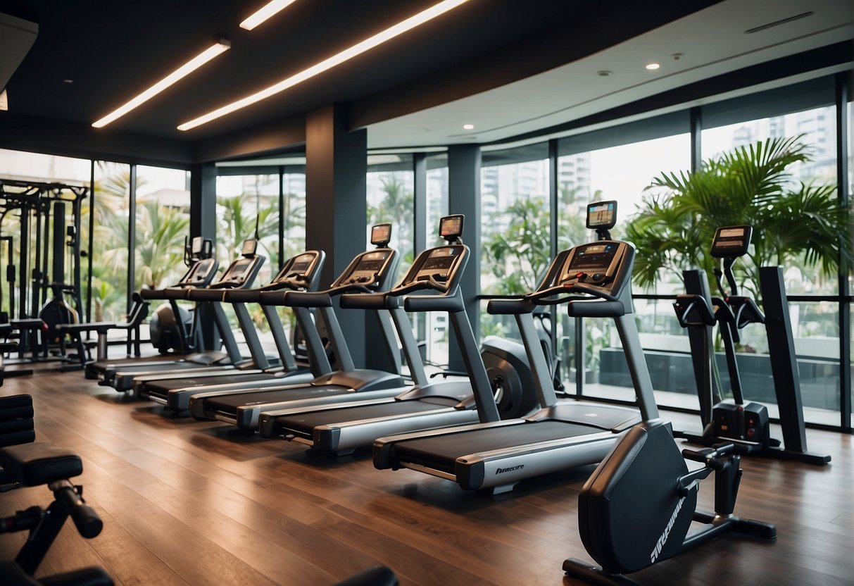 A vibrant gym interior with prominent "FitnessFirst Promotions Singapore" signage, showcasing various workout equipment and promotional materials