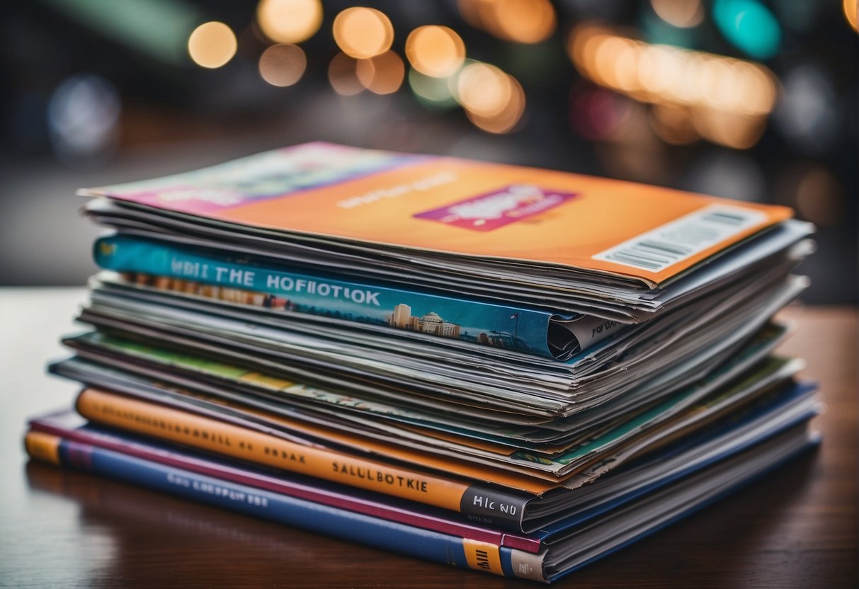 A stack of colorful magazines with subscription promotions, surrounded by Singaporean landmarks and symbols