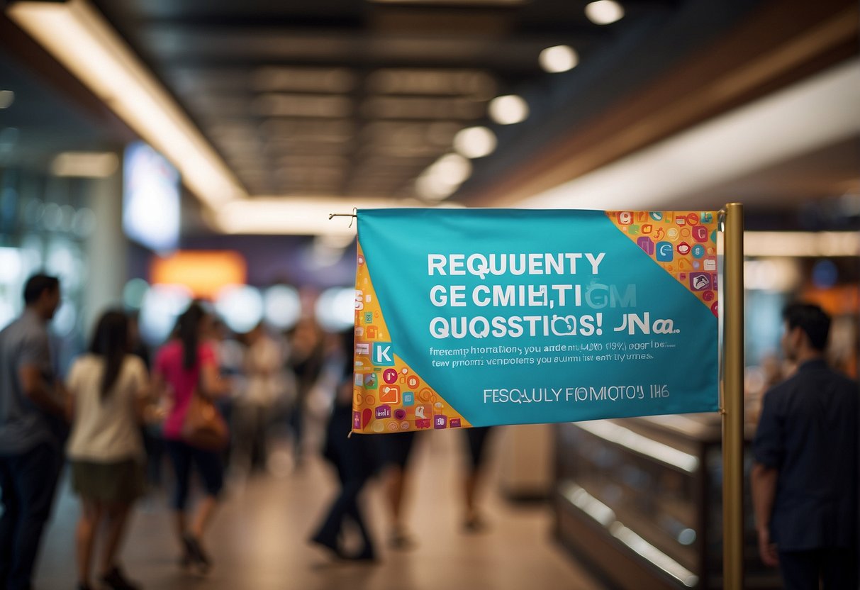A colorful banner with "Frequently Asked Questions" and "LBC Promotions Singapore" displayed, surrounded by happy customers and promotional items