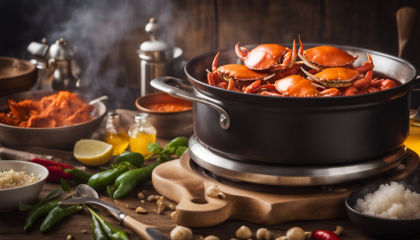 A steaming pot of chilli spanner crab sits on a rustic wooden table, surrounded by vibrant ingredients and cooking utensils